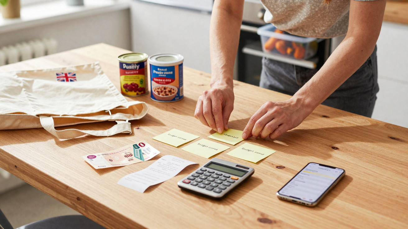 Person organising sticky notes for budget planning on a wooden table with calculator, phone, food cans, and money.