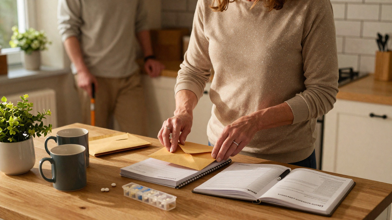 Person sealing an envelope on a kitchen table with a pill organiser, open diary, and two mugs nearby.
