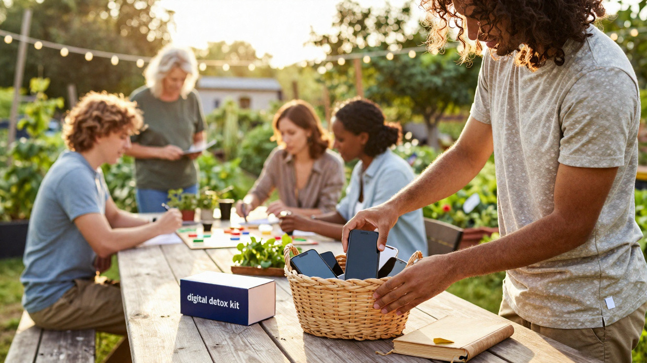 A group outdoors placing smartphones in a basket labelled digital detox kit during a sunny day.