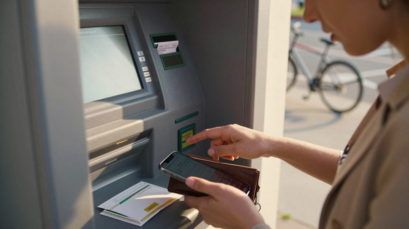 Person using a smartphone and pressing buttons on an ATM machine outdoors during daytime.