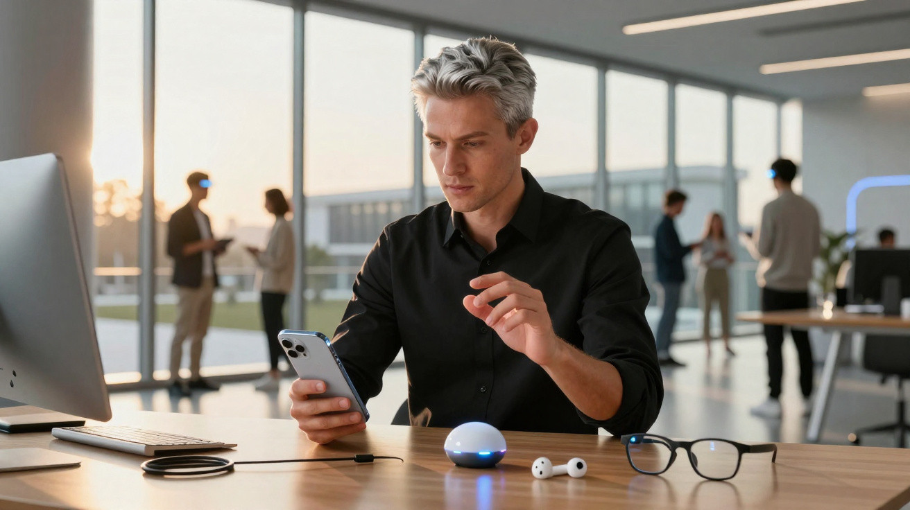 Man in black shirt using smartphone and smart home device on desk in modern office with colleagues in background