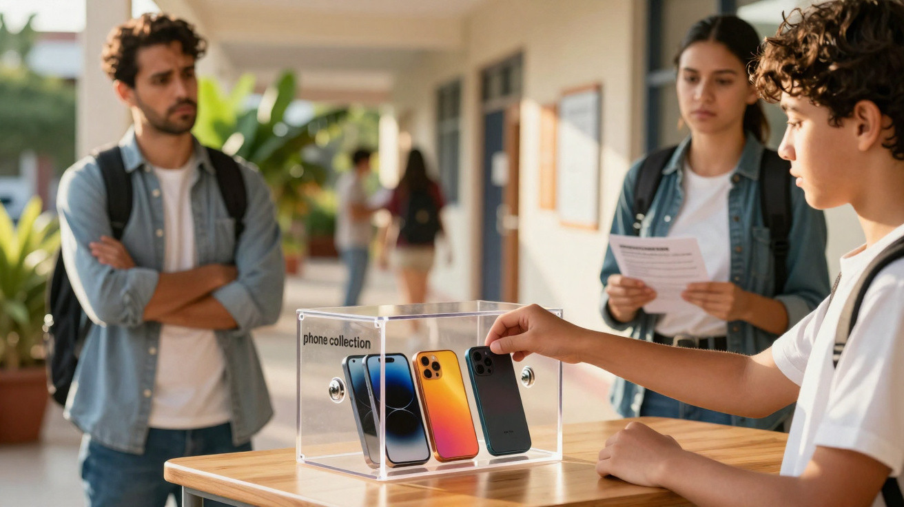 Teen boy placing a phone in a clear collection box while two adults watch in a school hallway.