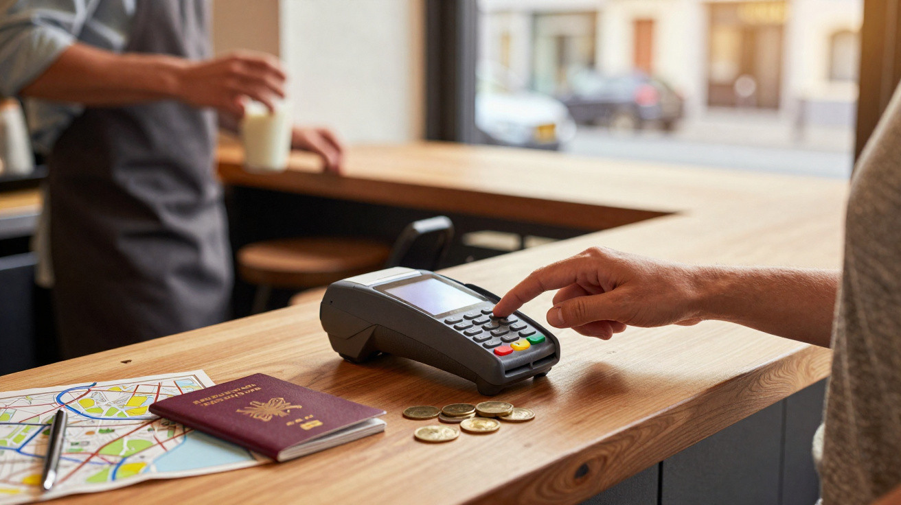 Person using contactless payment on a card reader at a wooden counter with coins, map, and passport nearby.