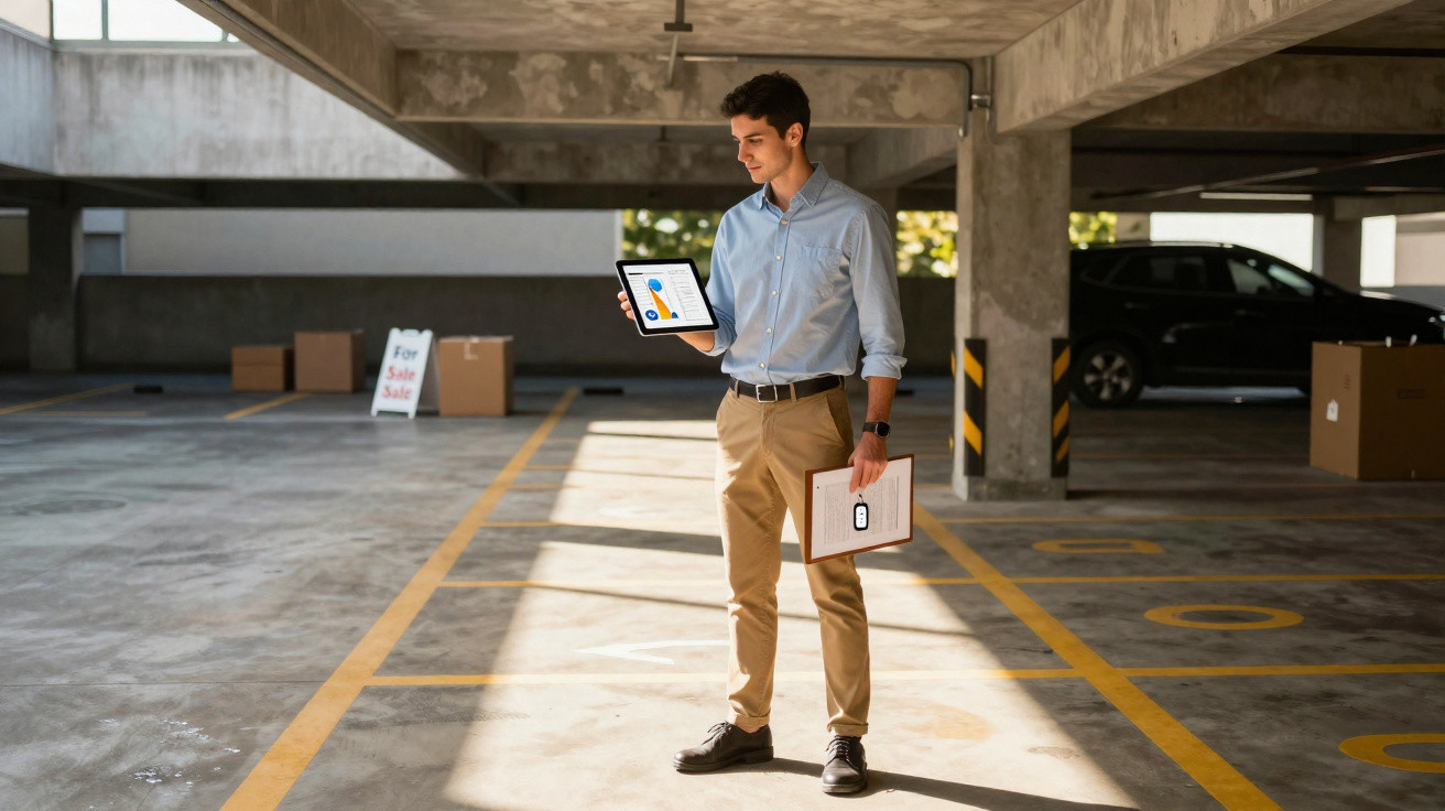 Man in office attire holding a tablet and clipboard standing in a parking garage near a For Sale sign.