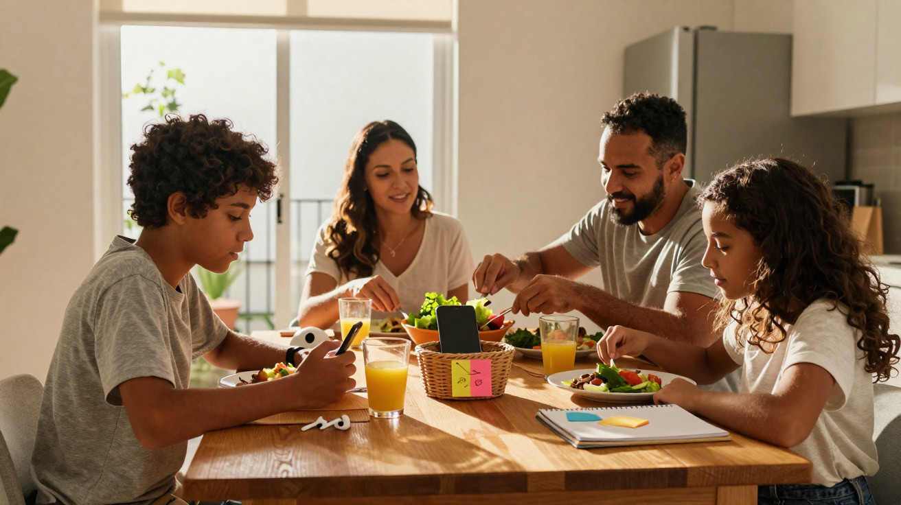 Family of four eating salad and drinking orange juice at a wooden dining table in a bright kitchen.
