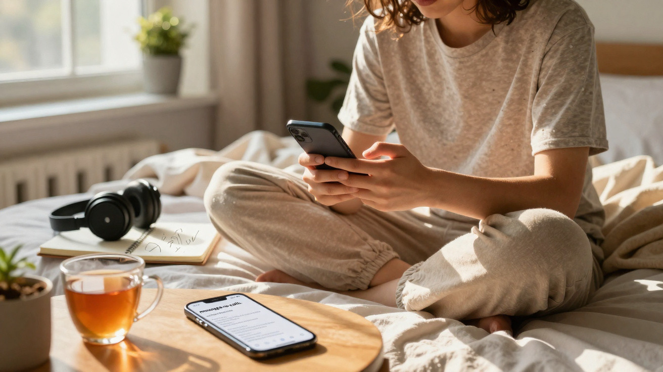 Person in beige loungewear sitting cross-legged on bed using smartphone with headphones, notebook, and tea nearby.