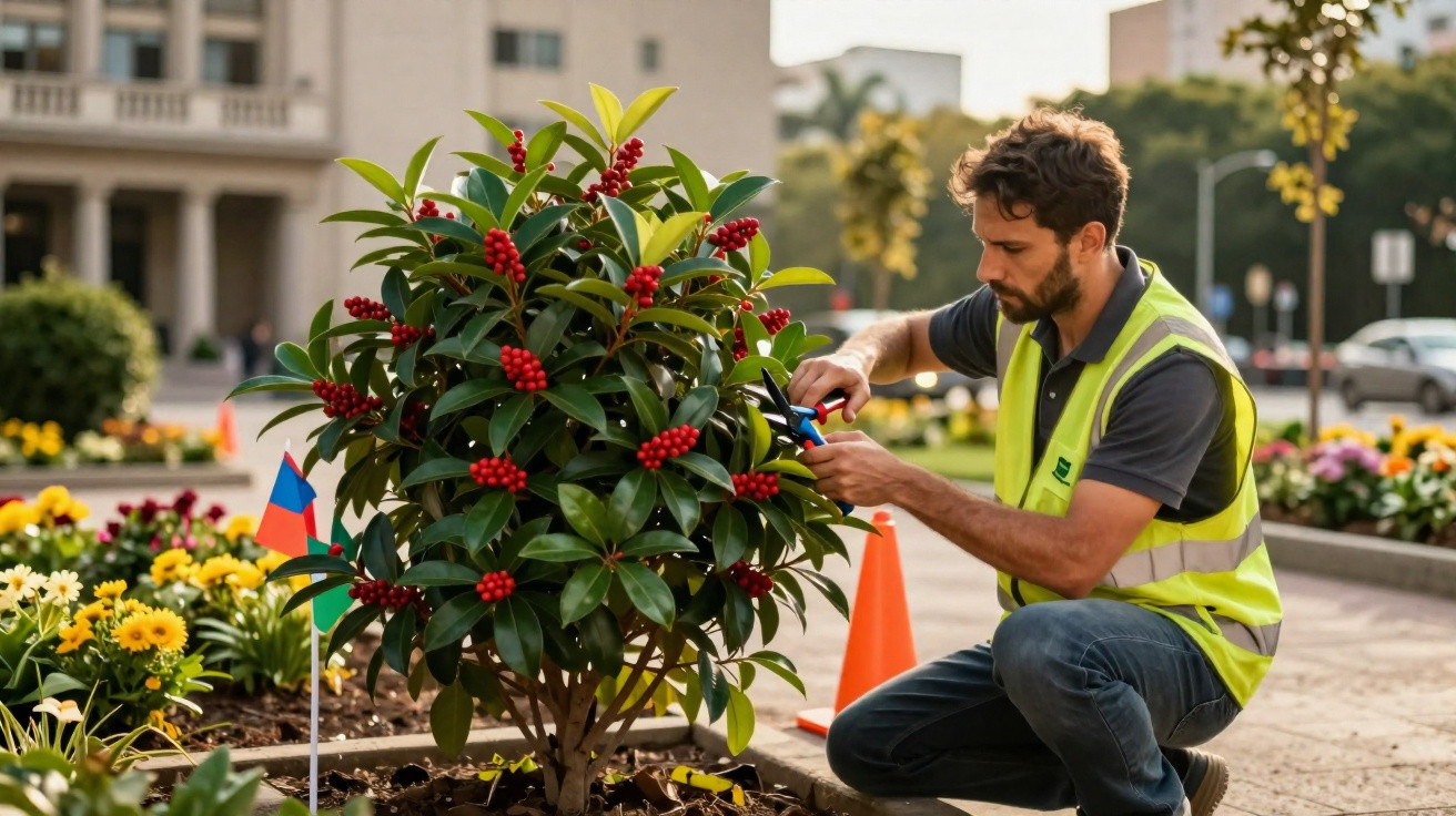 Man in high-visibility vest pruning a holly bush with red berries in an urban garden setting.
