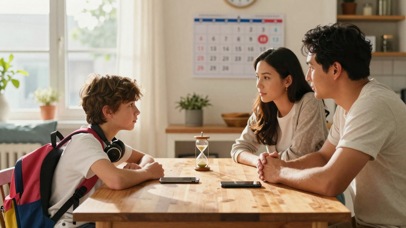 Child with backpack and headphones talking to two adults across a wooden table in a bright kitchen.