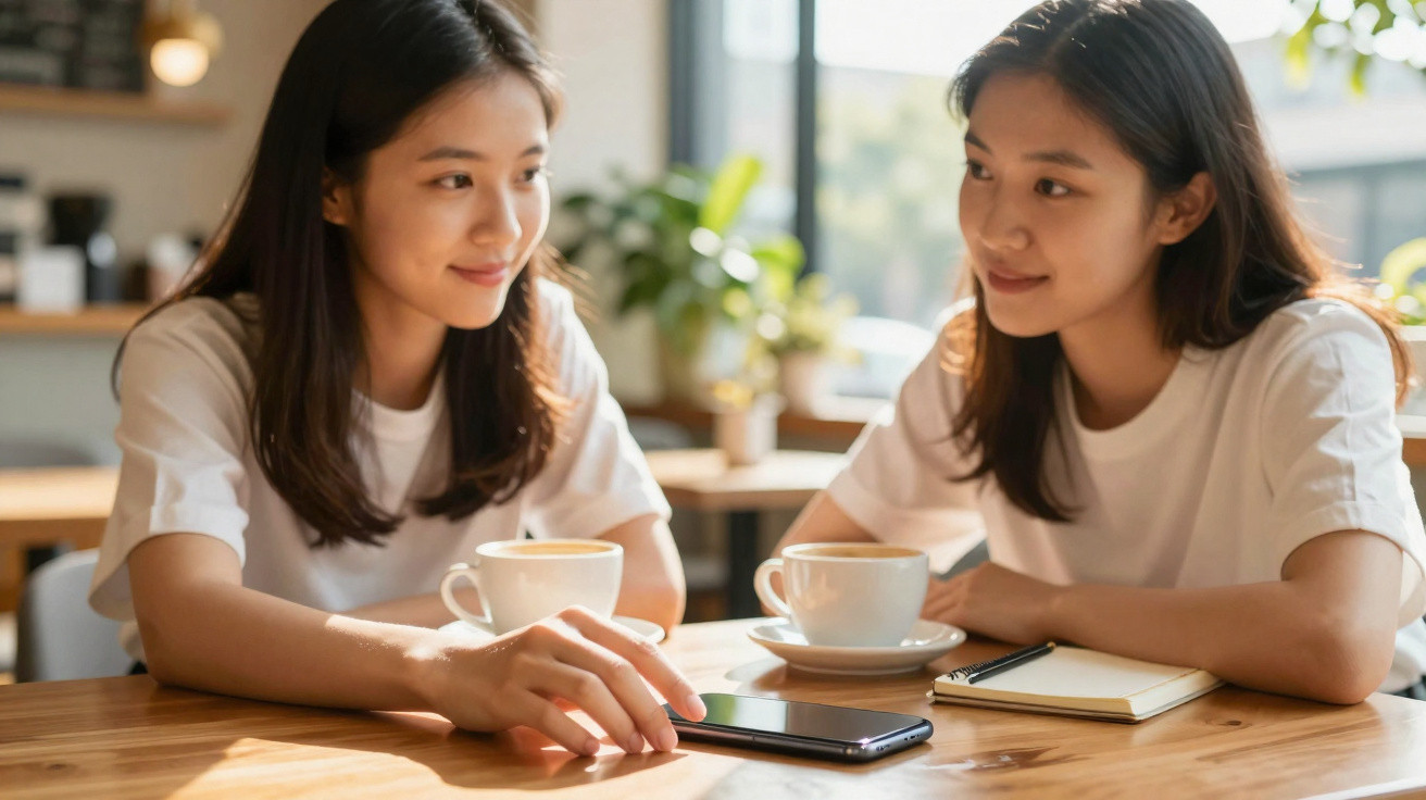 Two young women in white shirts sitting at a table with coffee cups, a smartphone, and a notebook in a cafe.