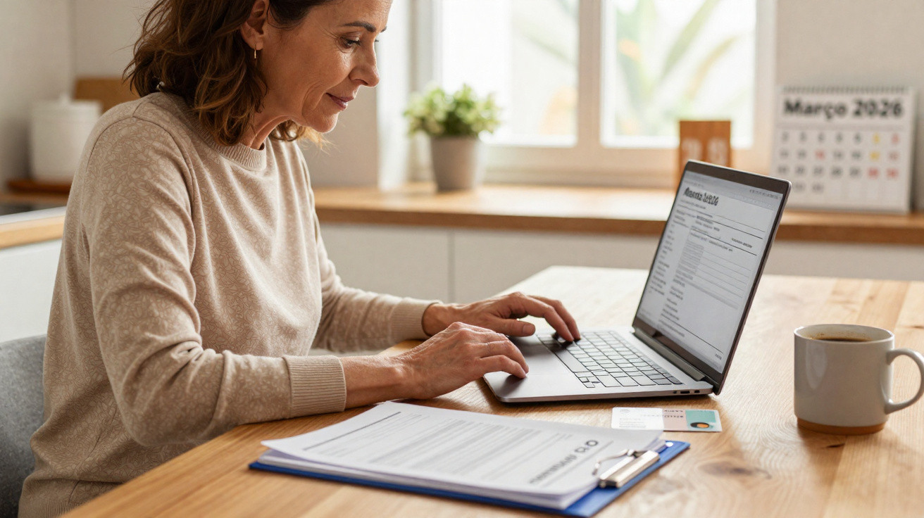Woman working on a laptop at a wooden table with documents, credit card, and coffee mug nearby in daylight.