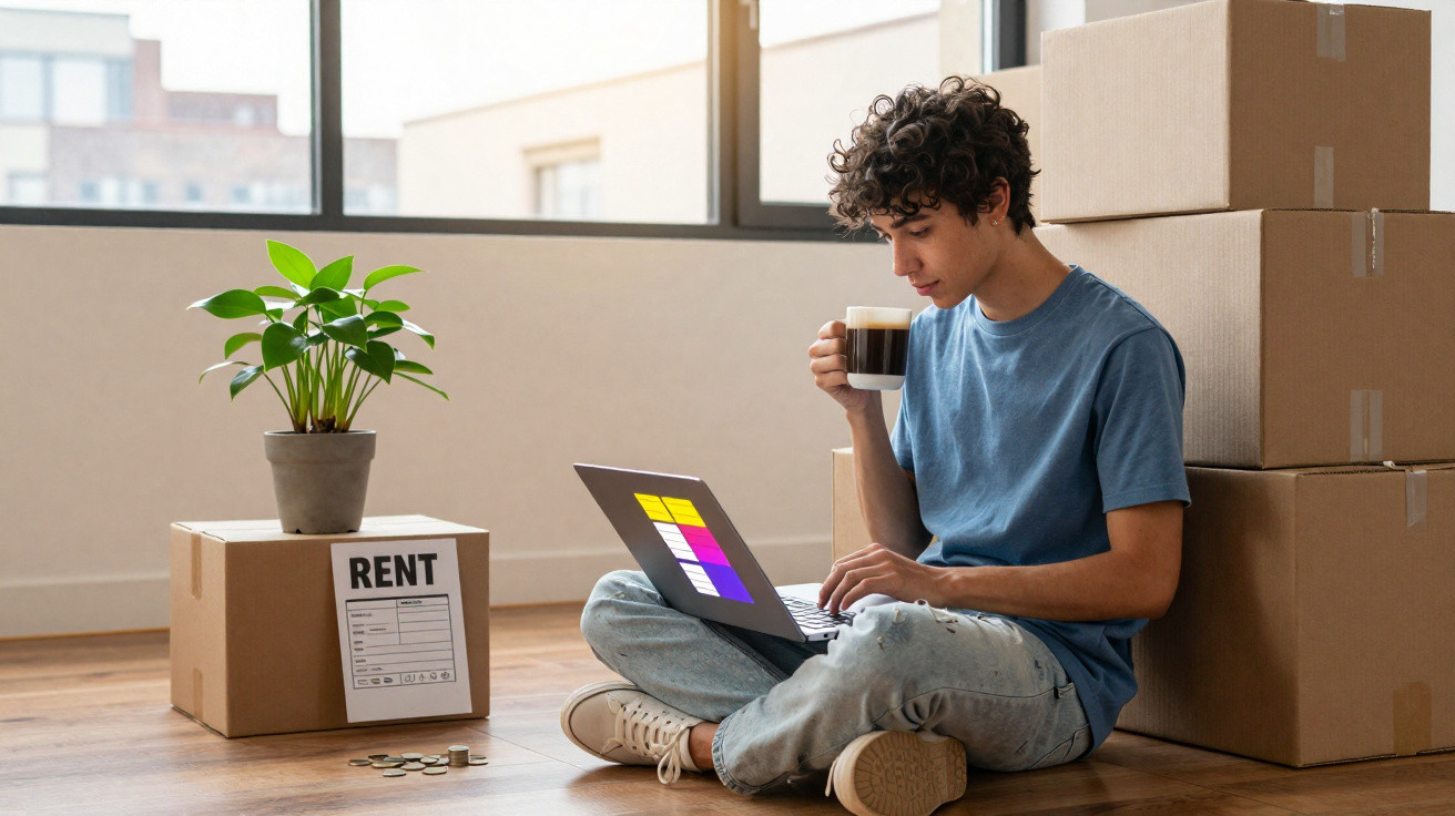 Young man sitting on floor with laptop and coffee, surrounded by moving boxes and a plant in a rented apartment.