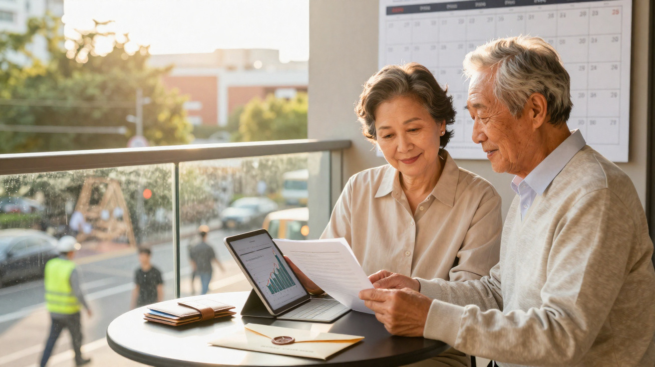 Elderly couple reviewing financial documents and data on a tablet at a round table by a window.