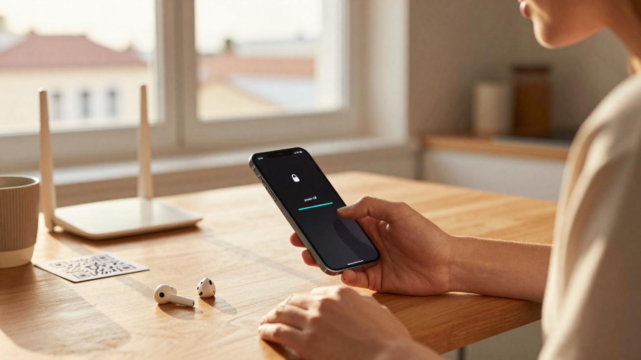 Person holding smartphone showing lockdown screen with wireless earbuds and router on wooden table nearby