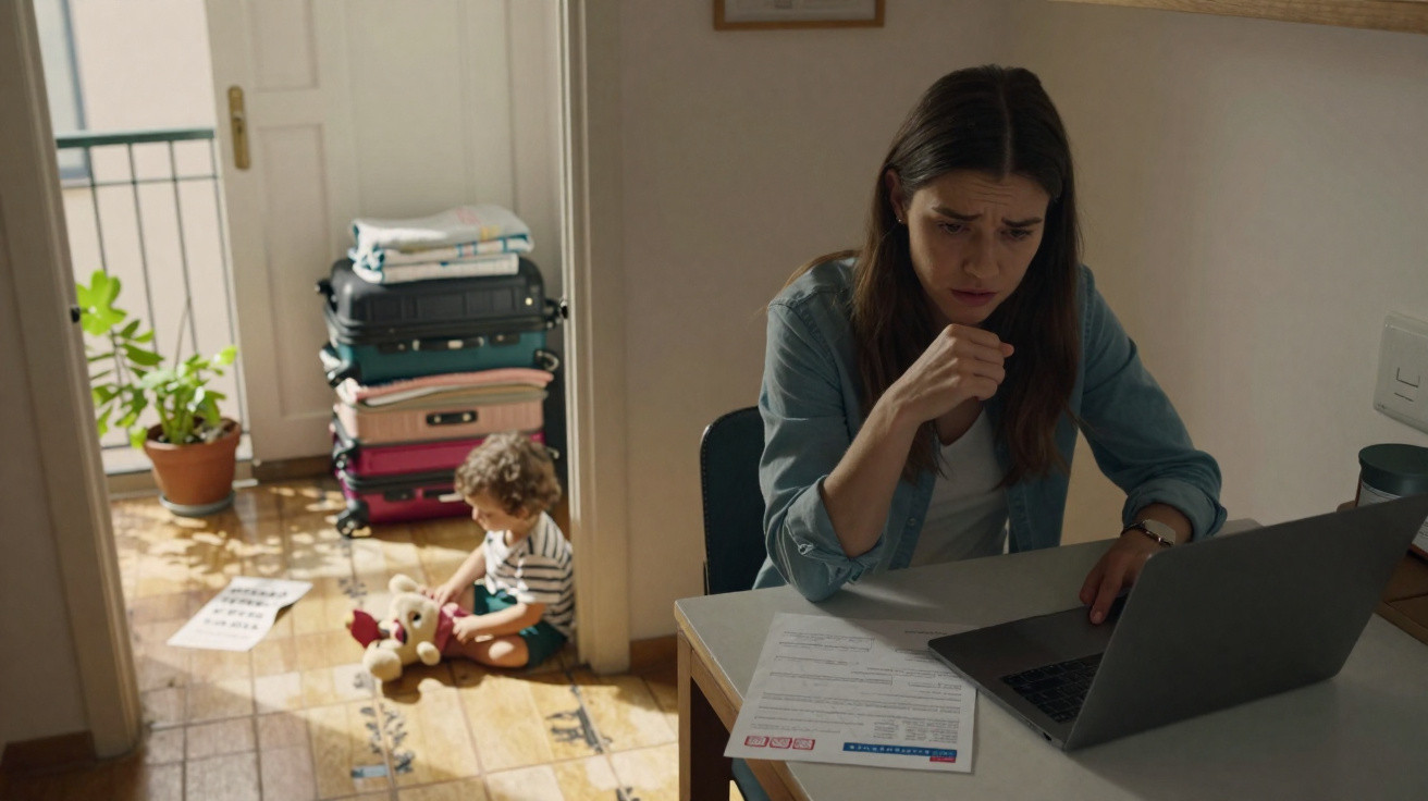Worried woman working on laptop at table while toddler plays with toys on floor beside stacked suitcases.