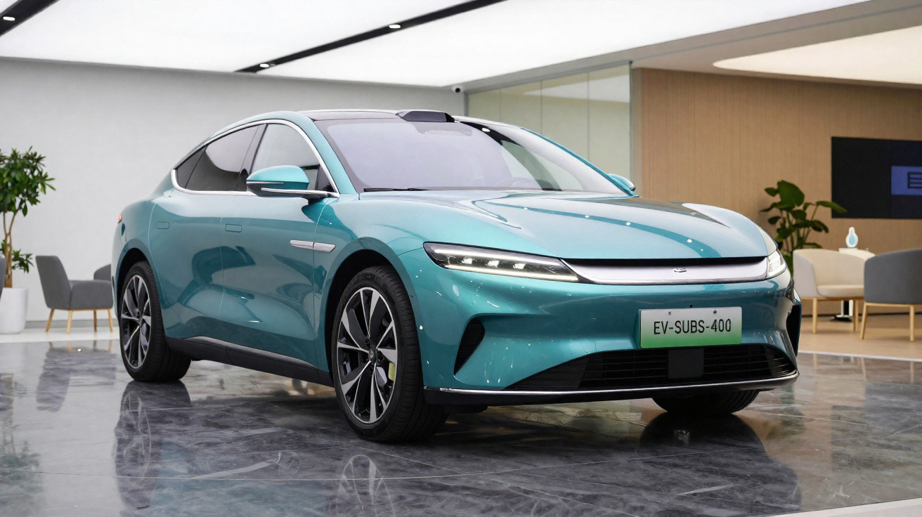 Sleek turquoise electric sedan displayed indoors on shiny floor with modern furniture in the background.