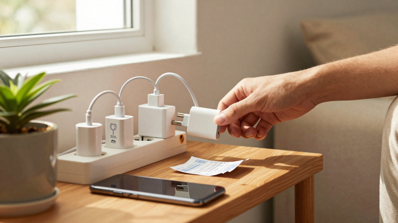 Hand plugging a charger into a power strip on a wooden table with a smartphone and plant nearby.