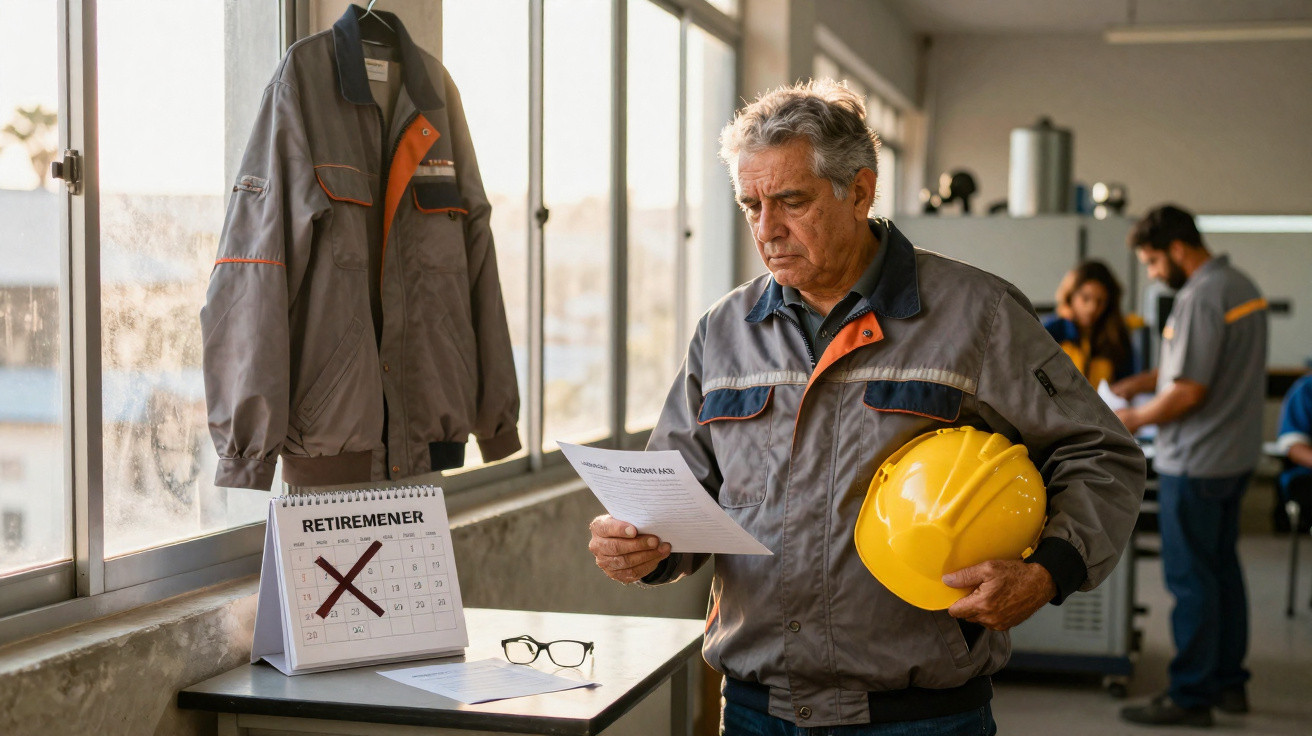 Older male worker holds a hard hat and reads a letter near a calendar marked for retirement in a factory setting.