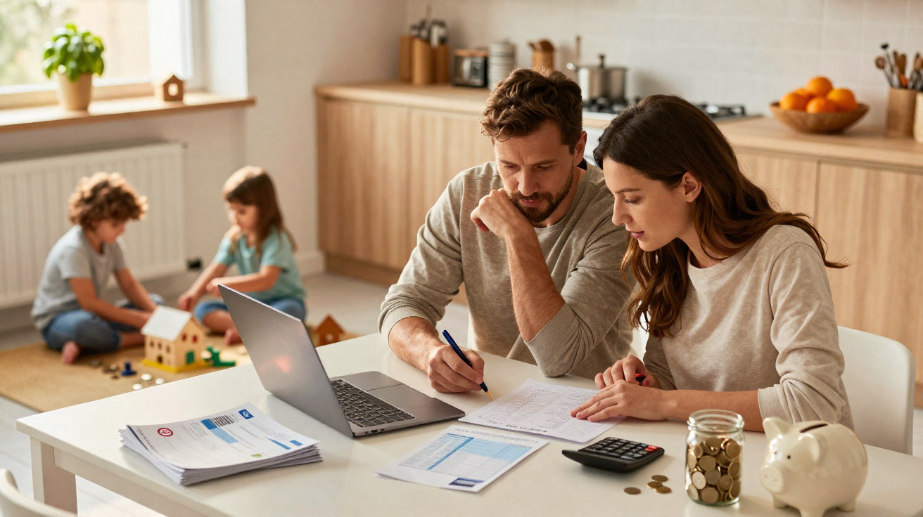 Couple reviewing finances at home with children playing in the background.