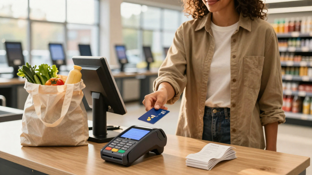 Woman paying with a contactless card at a supermarket checkout counter with groceries in a reusable bag.