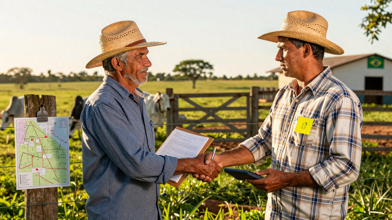 Two farmers wearing straw hats shaking hands outdoors near a cattle farm with a map on a fence post.