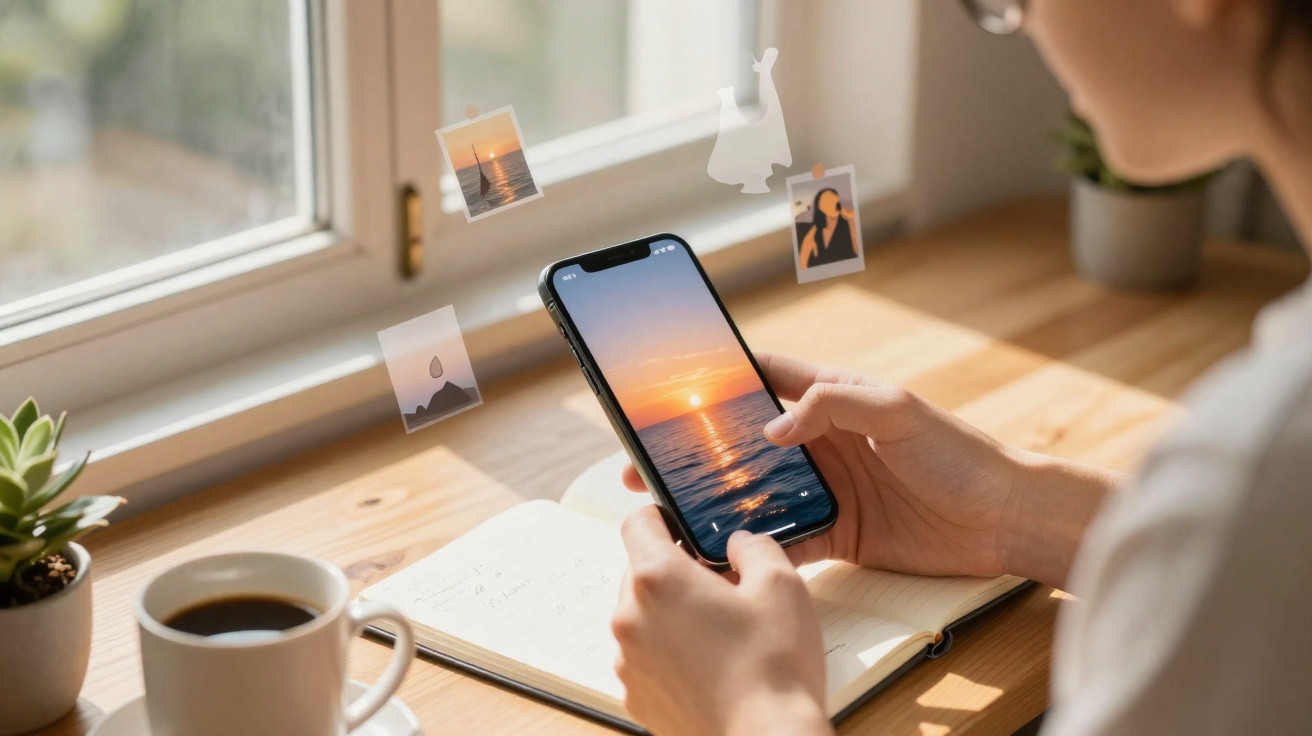 Person holding smartphone showing sunset over ocean with photos floating above, near coffee and notebook by window