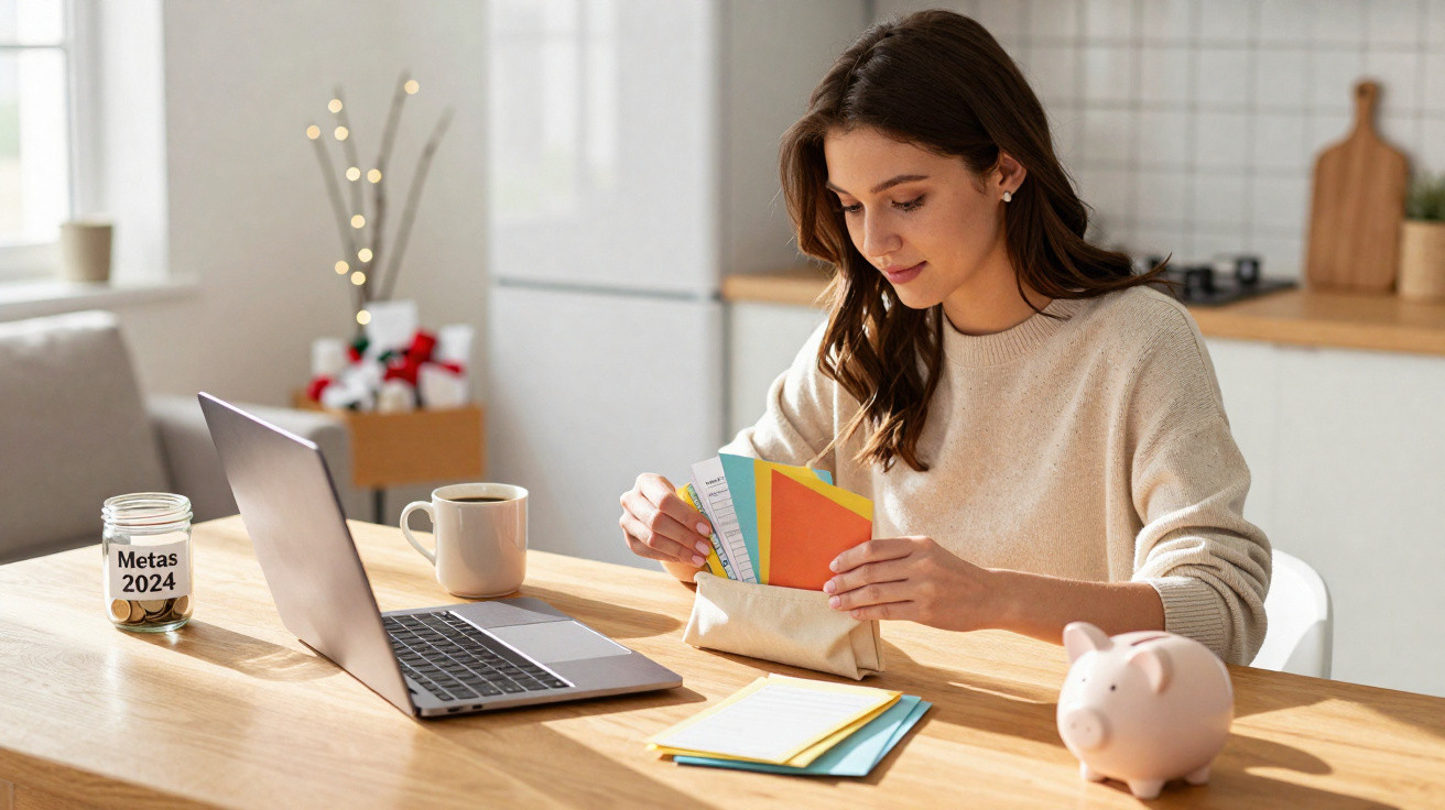 Young woman organising colourful papers at wooden table with laptop, coffee, piggy bank and jar labelled Metas 2024.