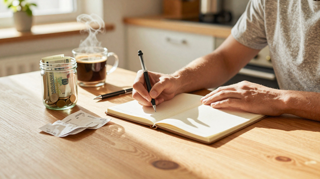 Person writing in notebook with jar of money, receipt, and steaming cup of coffee on wooden table in daylight.