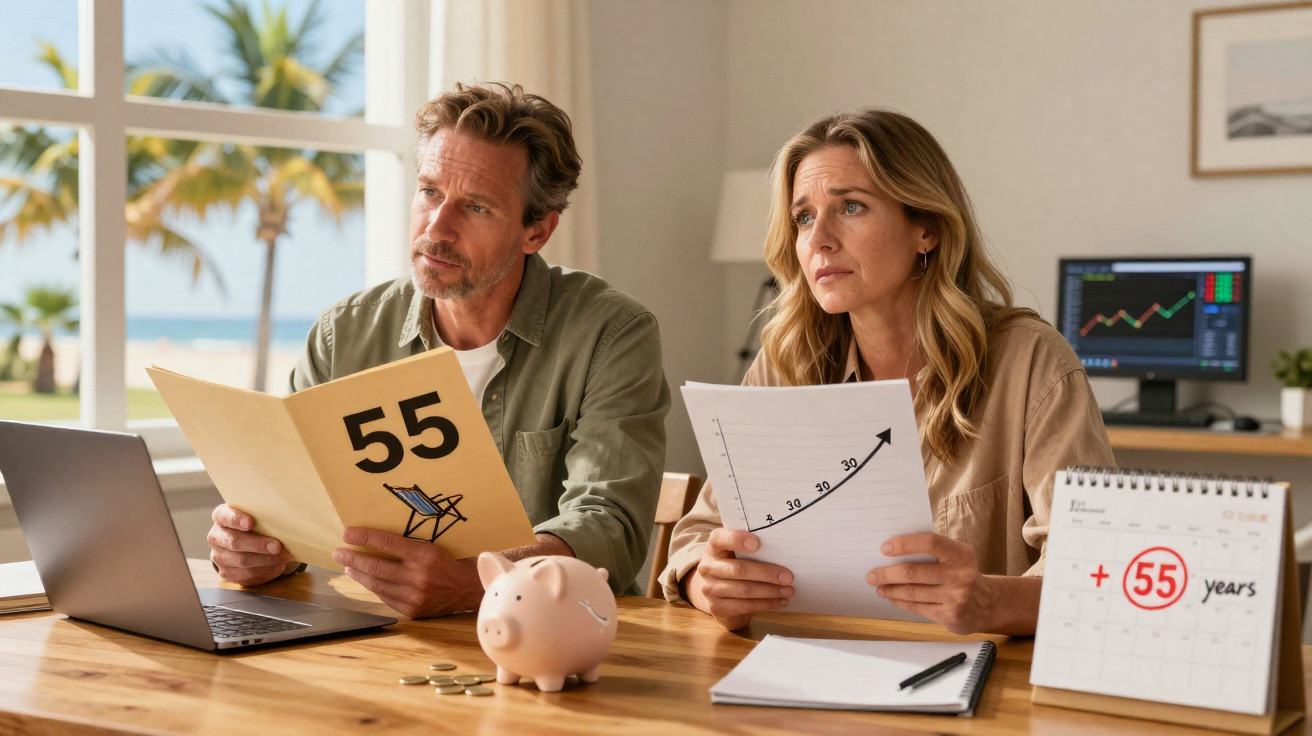 Middle-aged couple reviewing financial documents at a table with piggy bank and calendar marked +55 years.