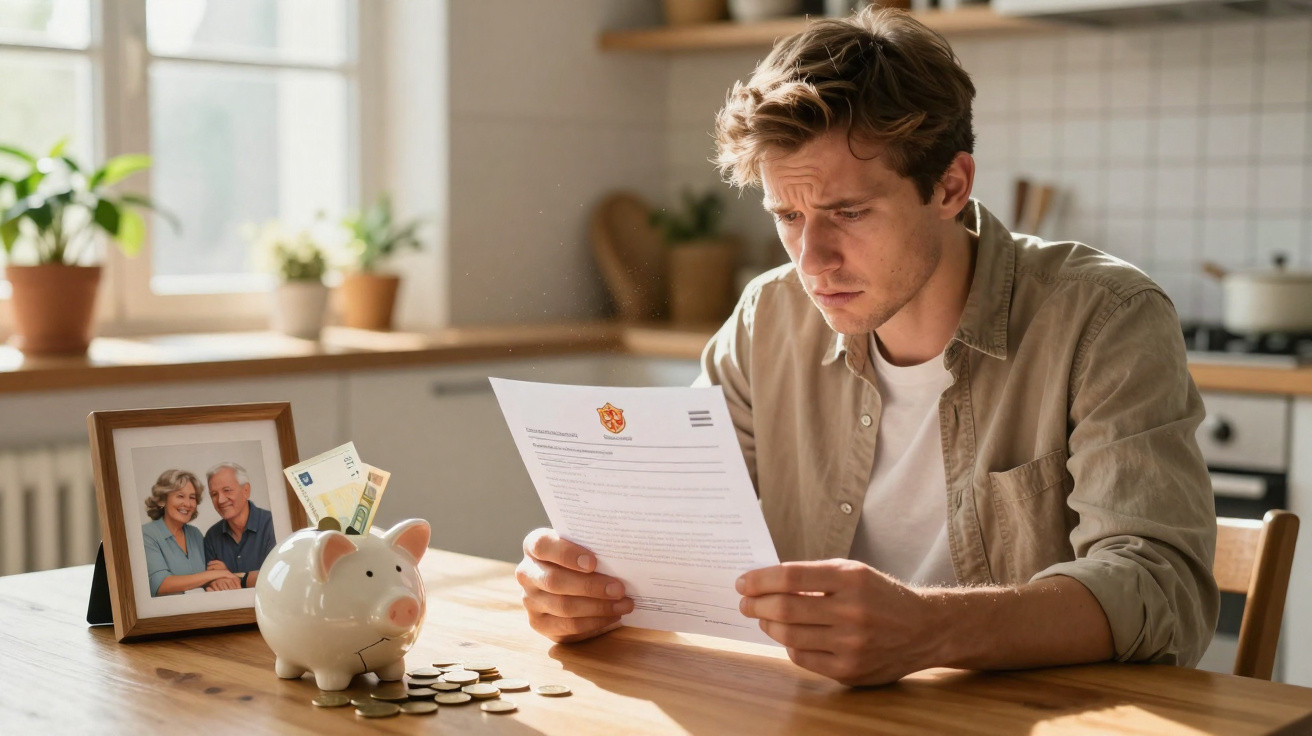 Young man with a worried expression reads a letter at a kitchen table with a piggy bank, coins, and a framed photo.