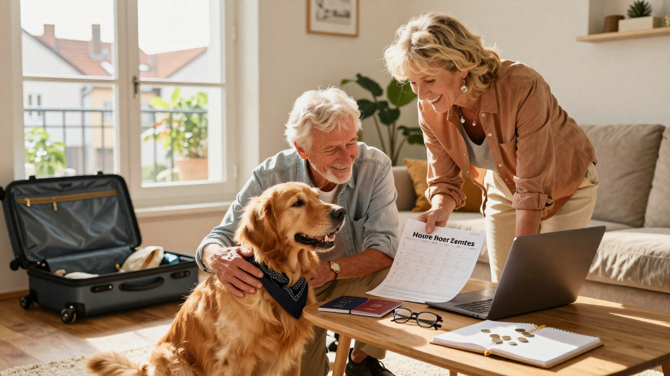 Elderly couple planning house chores schedule at a table with their golden retriever and open suitcase nearby.