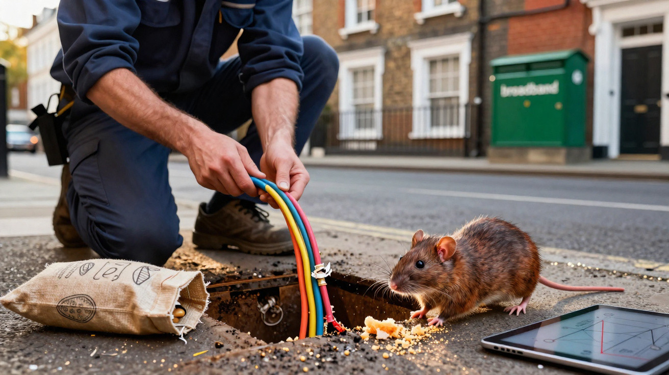 Technician working with colourful cables in a street manhole while a rat eats crumbs nearby next to a tablet.