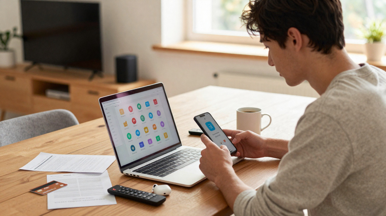 Young man using a smartphone and laptop at a wooden table with documents, remote, and a coffee mug nearby.