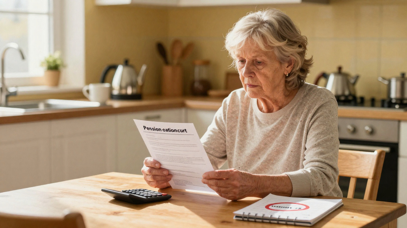Elderly woman sitting at kitchen table reading a pension notification letter with calculator nearby.