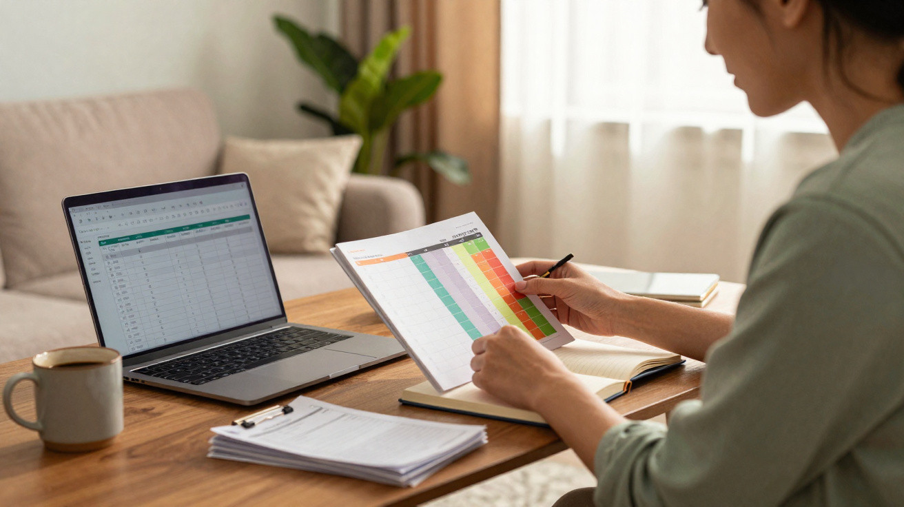 Person analysing a colourful spreadsheet chart while working on a laptop at a wooden table with documents and a mug.