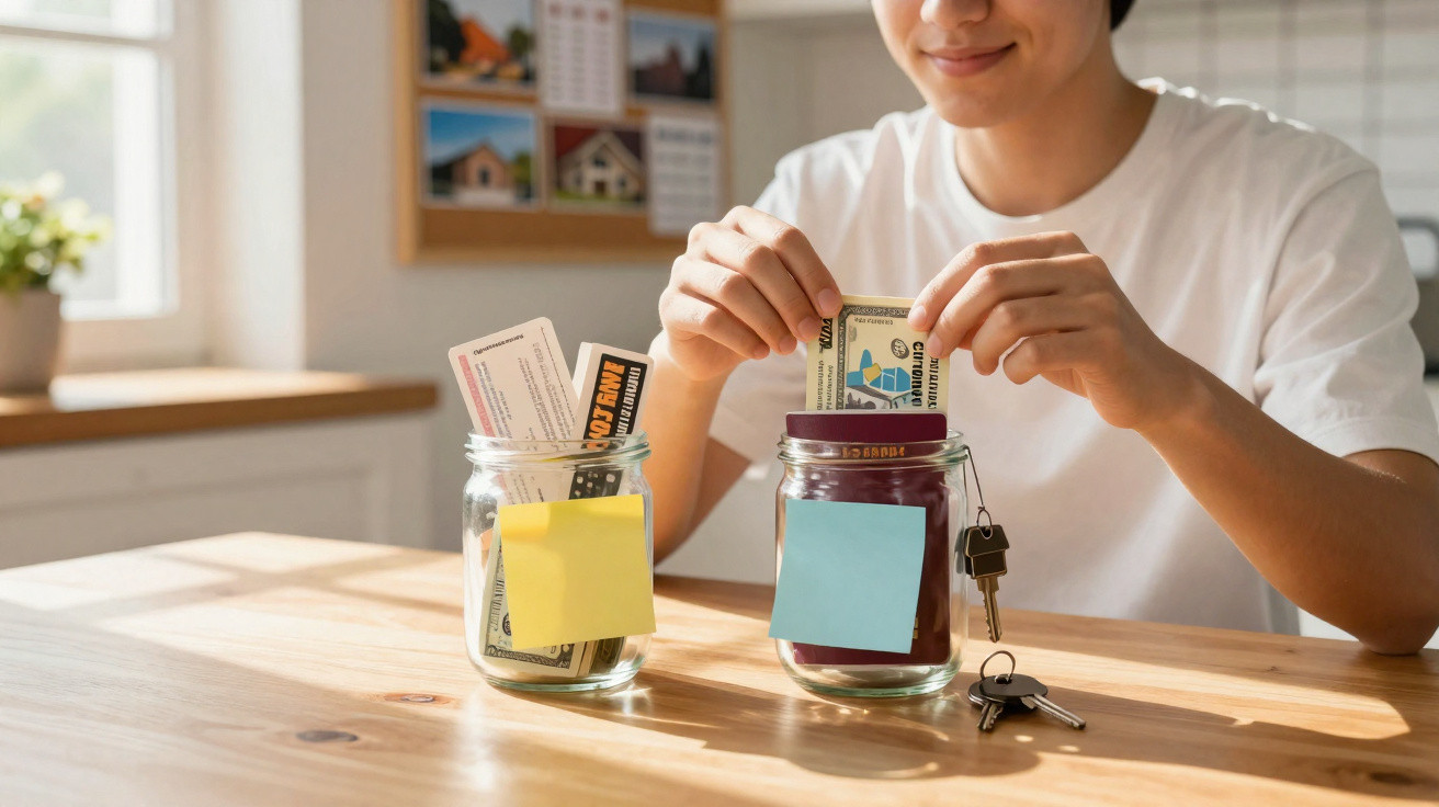 Person placing cash into labelled saving jars on a wooden table near a window in a bright room