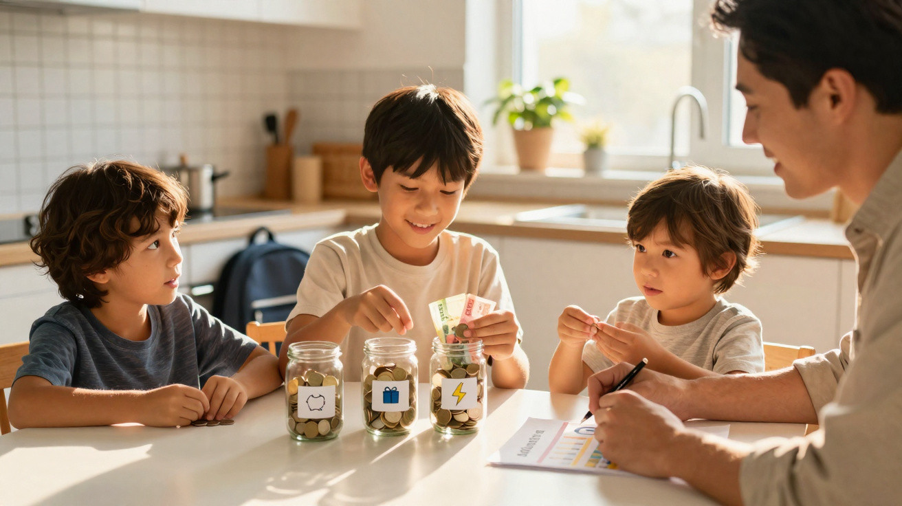 Father and three boys discussing money jars labelled saving, gifts, and bills at a kitchen table.
