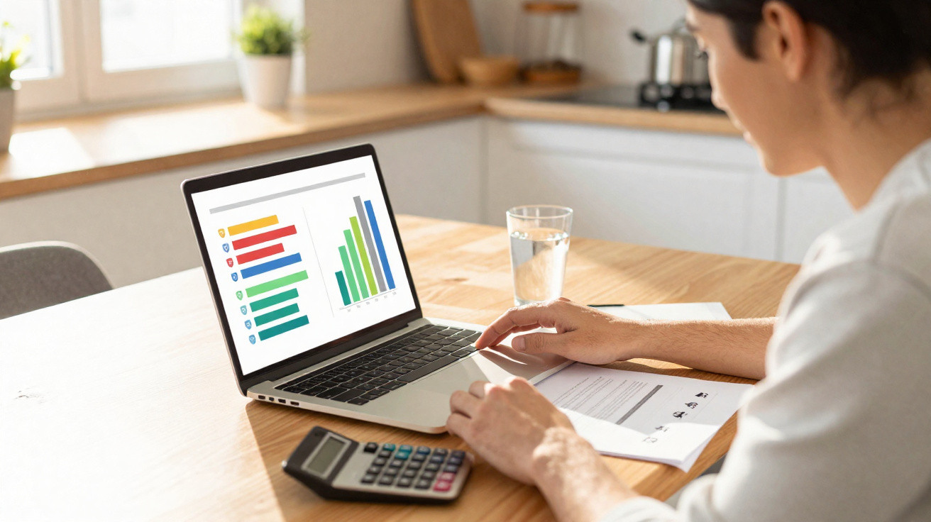 Person analysing colourful charts on a laptop screen with a calculator and documents on wooden table.