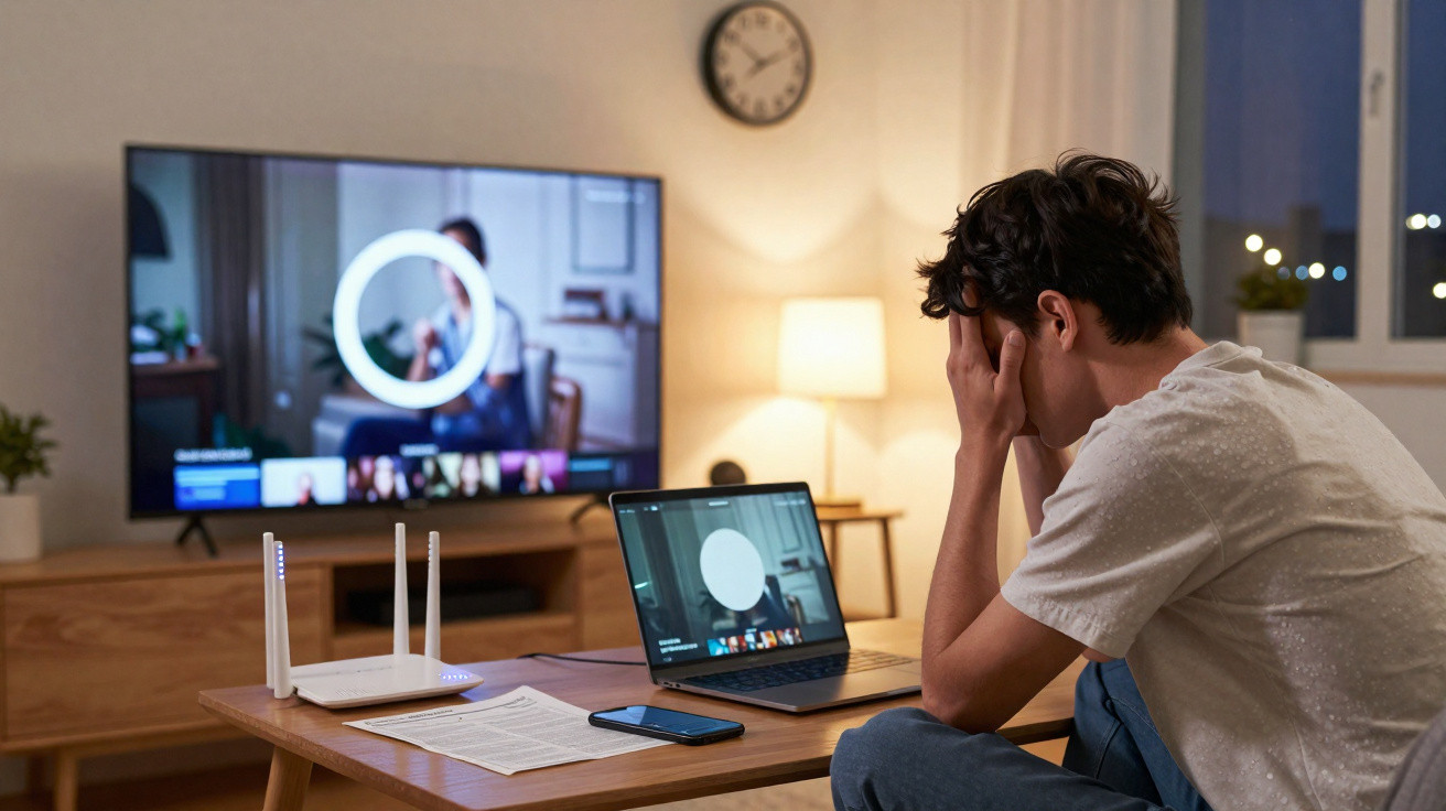 A stressed man sits at a table with a laptop, phone, documents, and Wi-Fi router in a dimly lit room.
