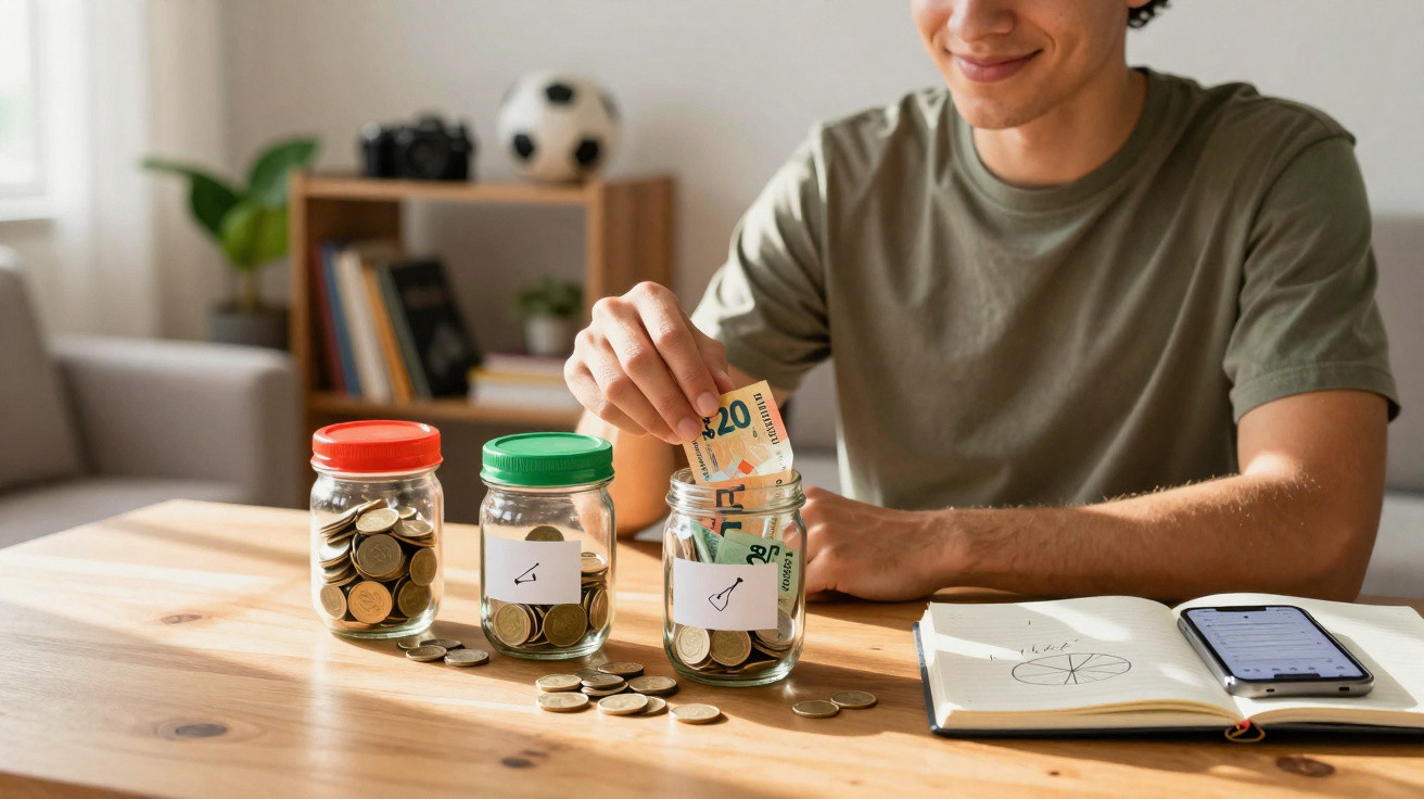 Young person saving money into labelled jars with coins, notebook, and smartphone on wooden table at home.