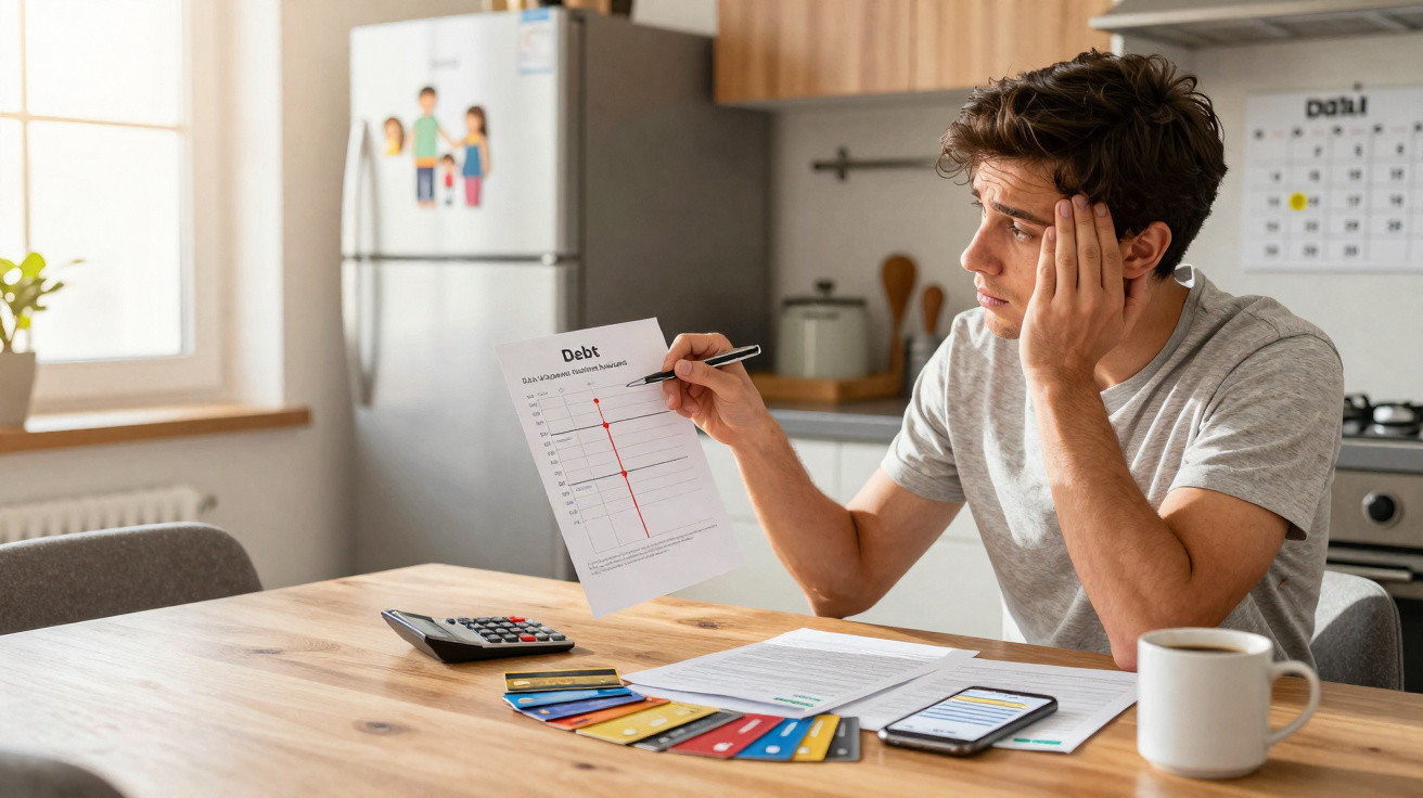 Stressed young man in kitchen reviewing debt paper with credit cards, calculator, phone, and mug on table.