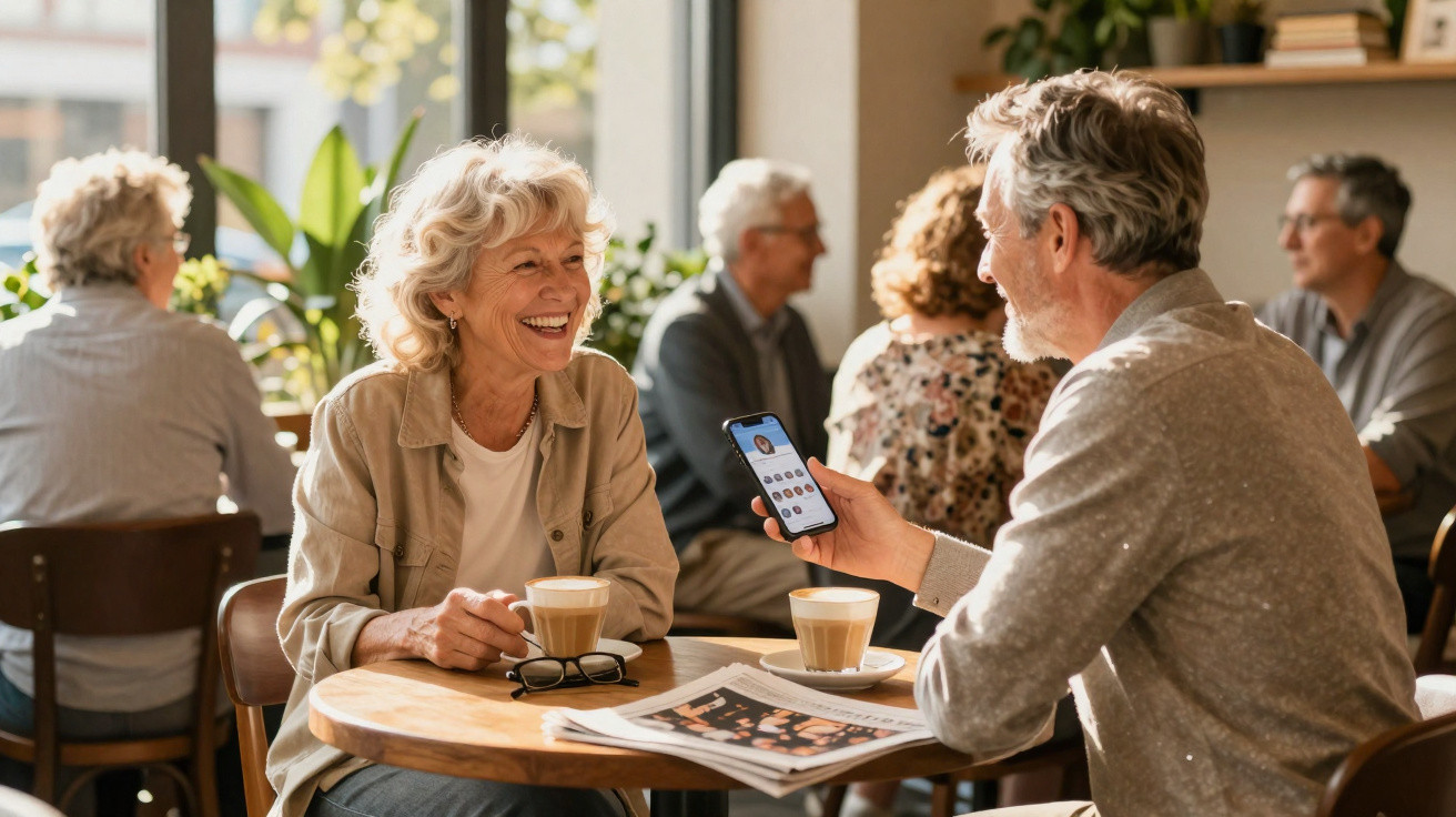 Older couple sharing a moment at a cafe, smiling with coffee and a smartphone on the table.
