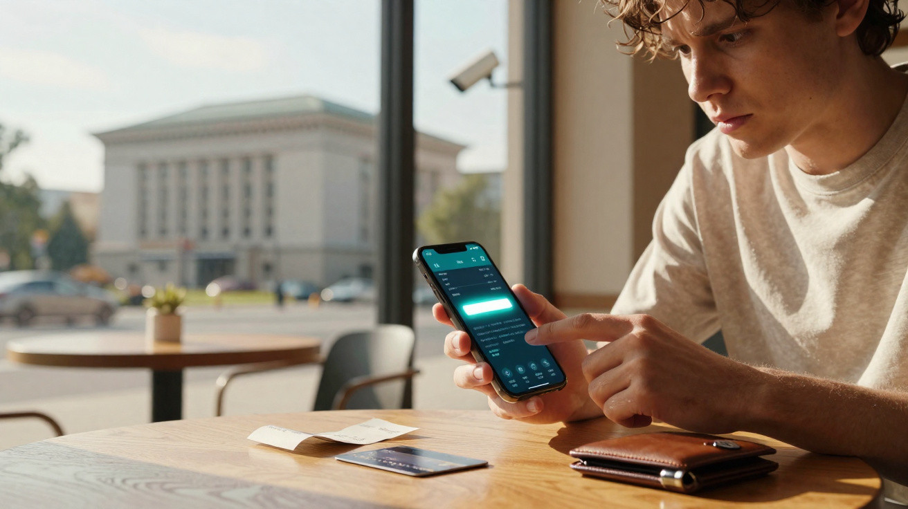 Young man using a mobile banking app on phone at a cafe table with wallet, receipts and cards.
