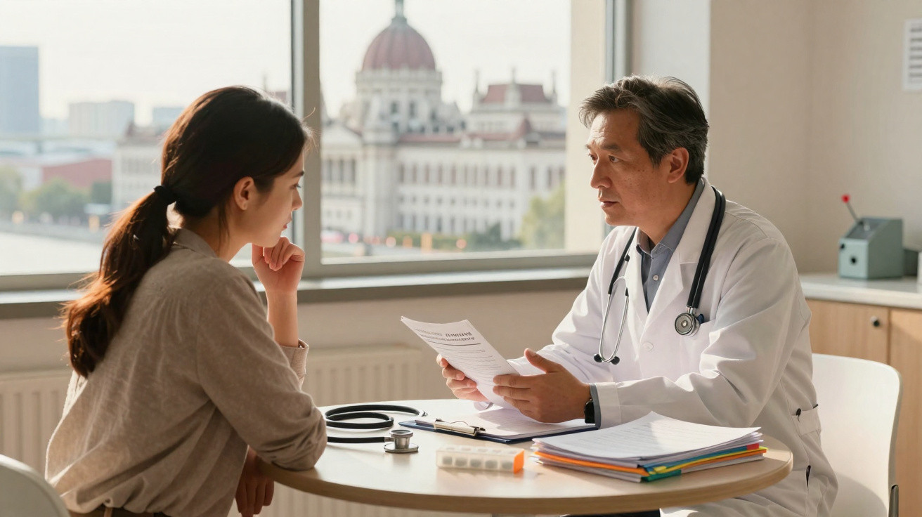 Doctor discussing test results with female patient in a bright office with city view window behind them.