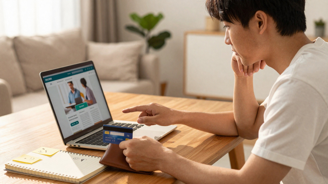 Young man holding credit card and wallet while shopping online on a laptop at a wooden table.