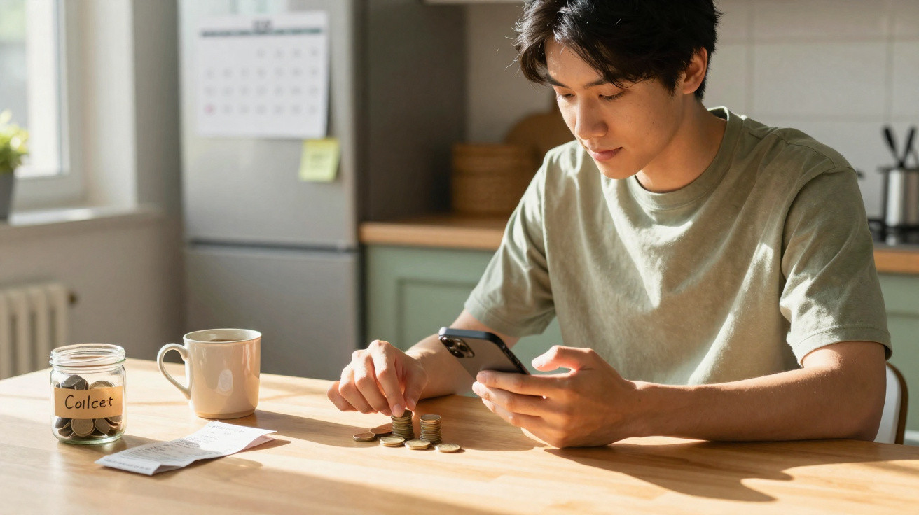 Young man counting coins and using smartphone at kitchen table with jar labelled "Collect" and mug nearby