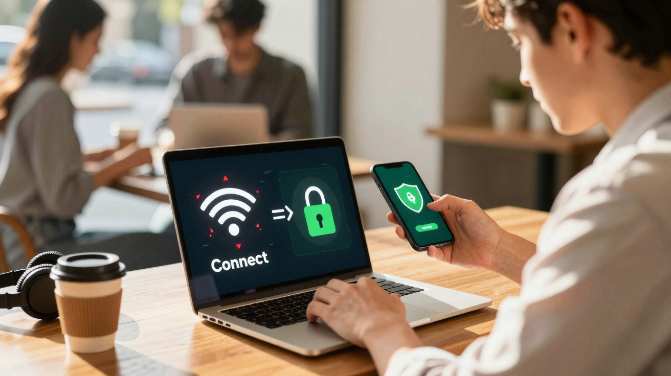 Person securing Wi-Fi connection on laptop and smartphone in a workspace with colleagues in the background.