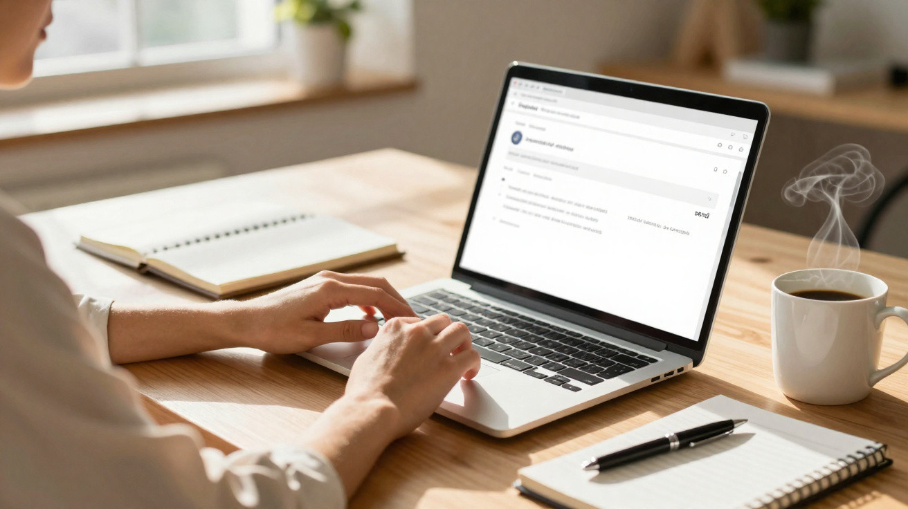 Person typing on laptop at wooden desk with notebook, pen, and steaming cup of coffee by window.