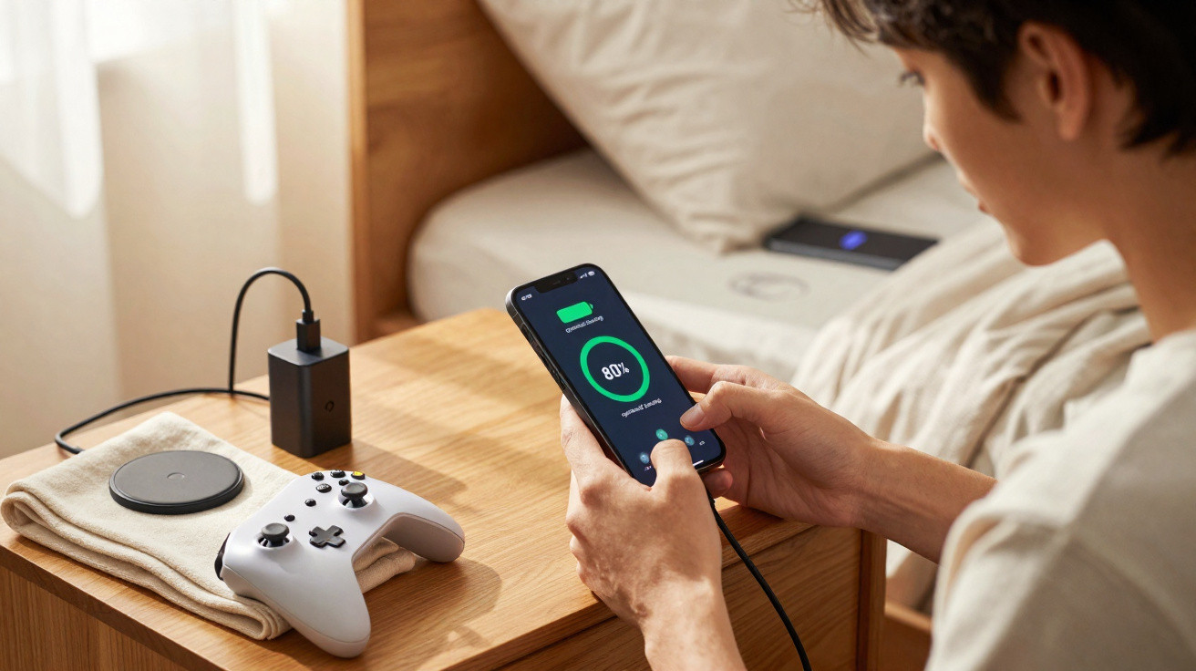 Person holding a smartphone showing 80% battery while charging beside a gaming controller and wireless charger on a wooden ta