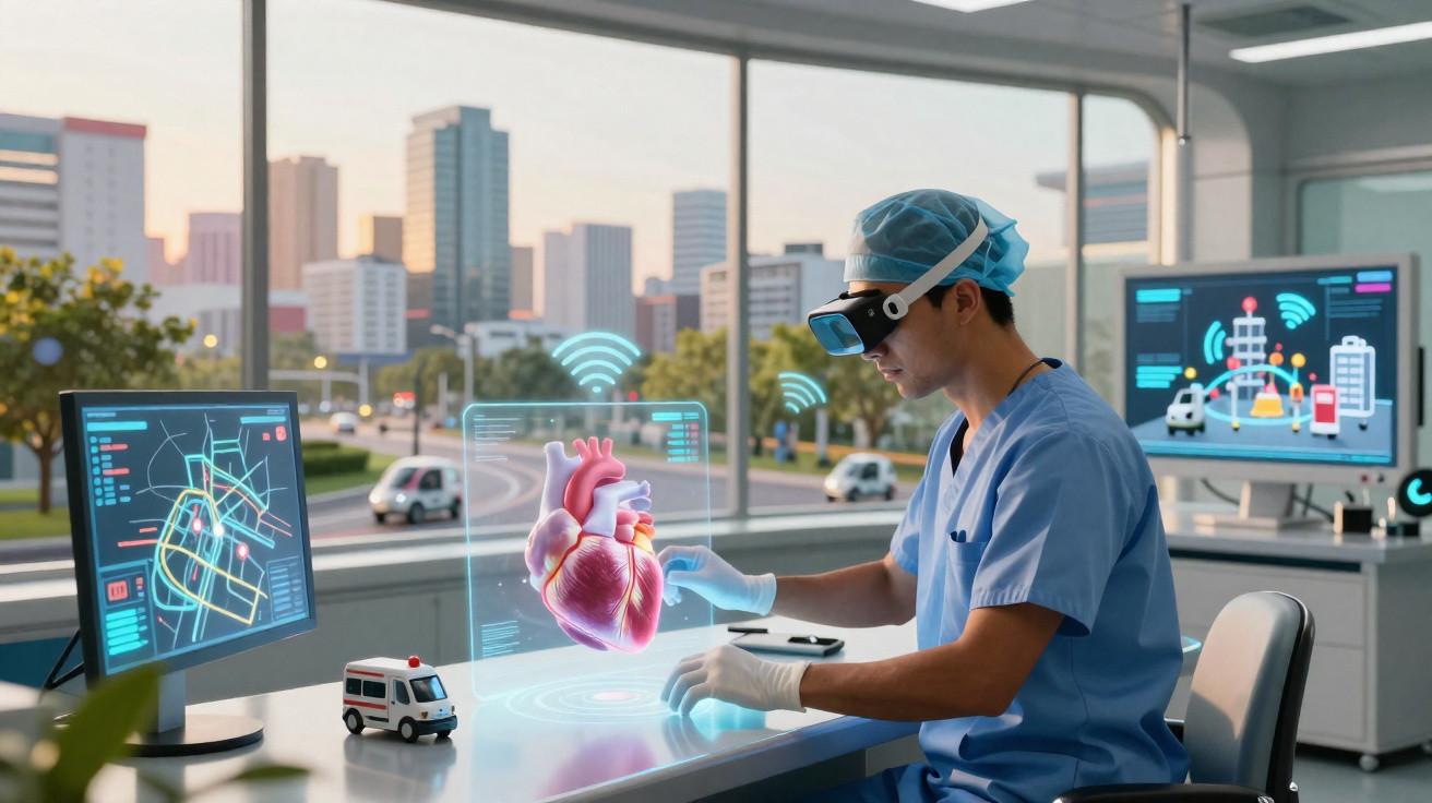 Healthcare professional using virtual reality to examine a 3D holographic heart model in a modern office.