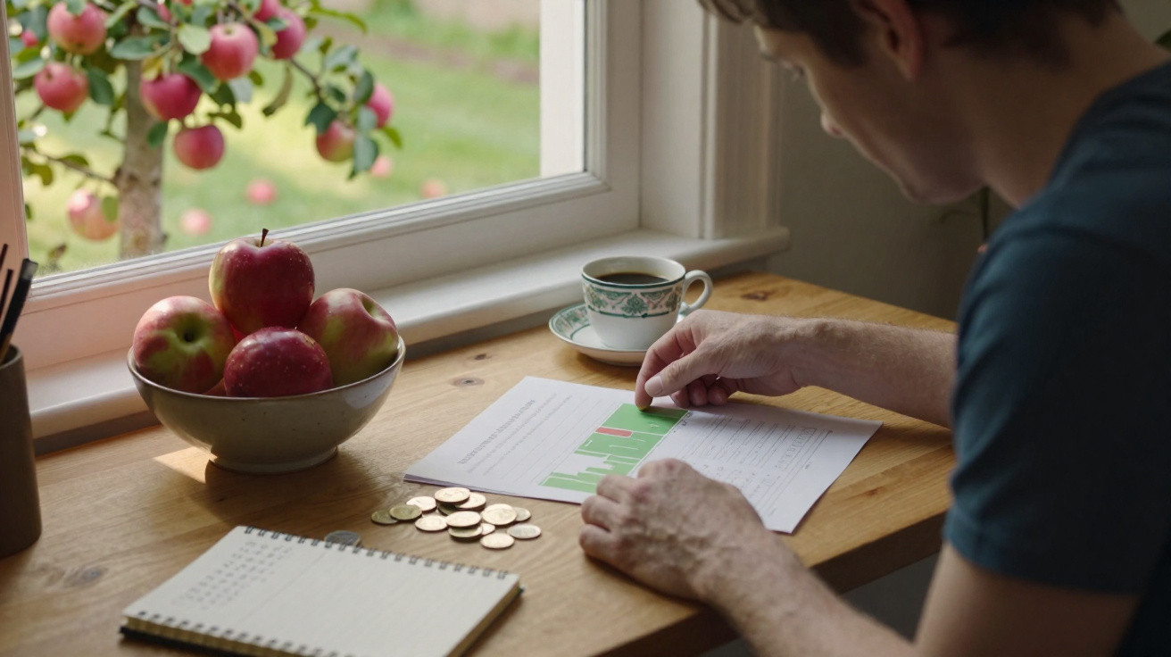 Person analysing a financial chart with coins, apples in a bowl, a notebook, and a cup of coffee on the table.